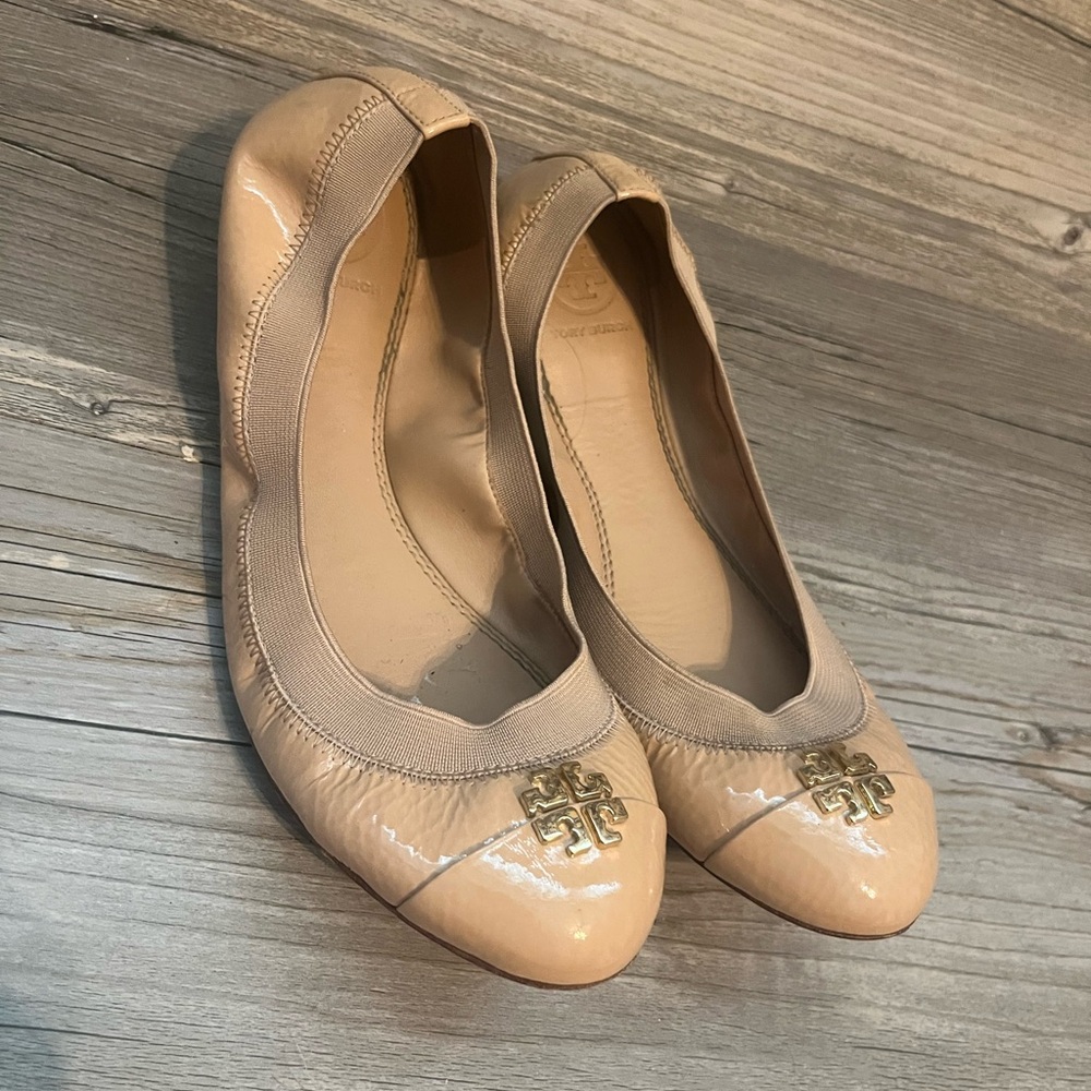 Tory Burch Tan Leather Flats with Metallic Embellishments